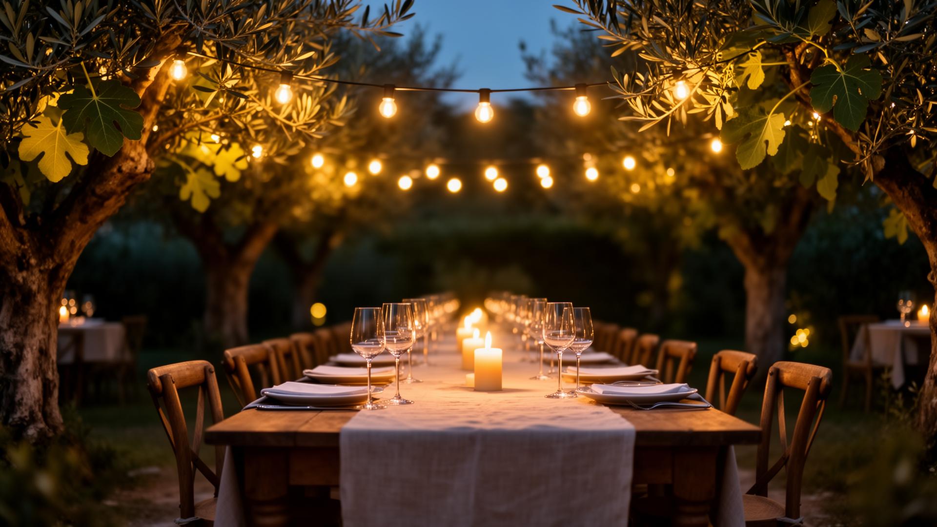 Candlelit Sicilian garden dining at dusk